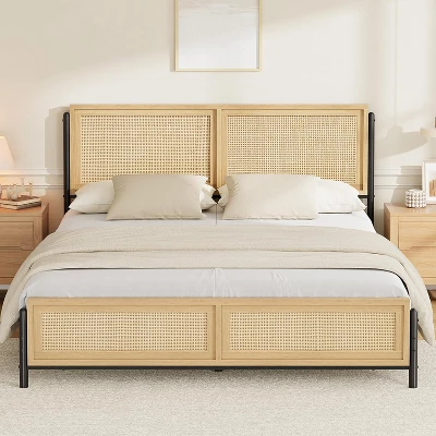 Boho Wooden Full/Queen/King Size Bed Frame With Natural Rattan Headboard And Footboard, No Box Spring Needed, Noise-Free Easy Assemble Metal Bedframe 8 Boho Wooden Full/Queen/King Size Bed Frame With Natural Rattan Headboard And Footboard, No Box Spring Needed, Noise-Free Easy Assemble Metal Bedframe - Image 6