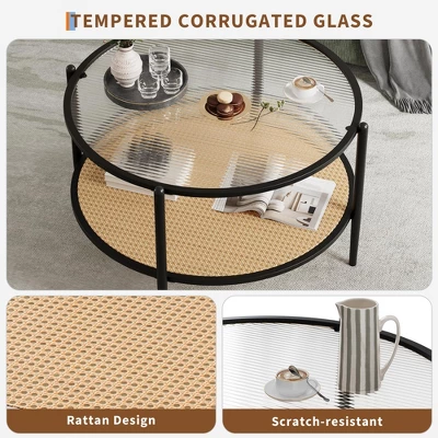 30" Rattan Coffee Table, 2-Tier Round End Table With Storage, Round Water-Wave Glass Metal Center Tables 5 30" Rattan Coffee Table, 2-Tier Round End Table With Storage, Round Water-Wave Glass Metal Center Tables - Image 3