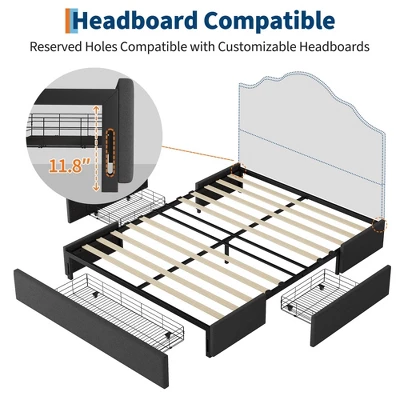 Queen Bed Frame With 3 Storage Drawers, Fabric Upholstered Platform Bed, Wooden Slats Support, Dark Grey 6 Queen Bed Frame With 3 Storage Drawers, Fabric Upholstered Platform Bed, Wooden Slats Support, Dark Grey - Image 4