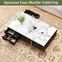 Whizmax Faux Marble Coffee Table - Modern Living Room Table With 4 Drawers & Glass Doors, Fluted Panel Design -Garvee GUEST 053c009b a2ca 40fb aa1b c55b02e76234