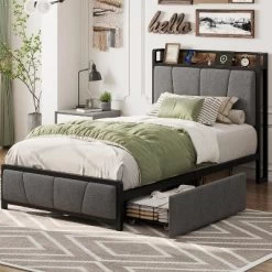 Twin/Full/Queen/King Size Upholstered Bed Frame With Storage Headboard, 2 Drawers, USB Charging Station, No Box Spring Needed, Heavy Duty, Grey