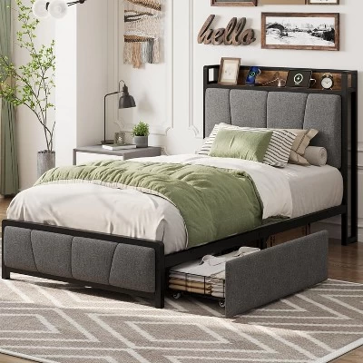 Twin/Full/Queen/King Size Upholstered Bed Frame With Storage Headboard, 2 Drawers, USB Charging Station, No Box Spring Needed, Heavy Duty, Grey 3 Twin/Full/Queen/King Size Upholstered Bed Frame With Storage Headboard, 2 Drawers, USB Charging Station, No Box Spring Needed, Heavy Duty, Grey