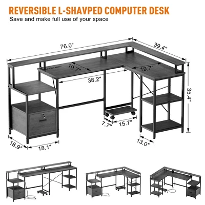 Garvee 76" Reversible L Shaped Computer Desk With File Drawer & With Power Outlet, Gaming Desk With Monitor Shelf, Corner Desk For Home Office 6 Garvee 76" Reversible L Shaped Computer Desk With File Drawer & With Power Outlet, Gaming Desk With Monitor Shelf, Corner Desk For Home Office - Image 4