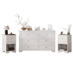3-Pieces Bedroom Dresser Night Stand Set, 6-Drawer Dresser And 2 Nightstands With Metal Handles, Elegant Design And Retro Style,White 20 3-Pieces Bedroom Dresser Night Stand Set, 6-Drawer Dresser And 2 Nightstands With Metal Handles, Elegant Design And Retro Style,White -Garvee GUEST 072bbe9f 44de 4950 8224 451cb700e9f3