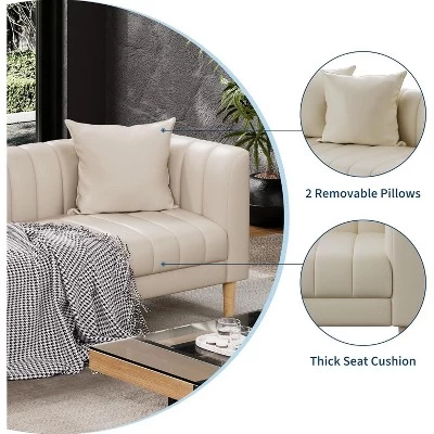 Faux Leather Sofa Couch, Modern 78" W Sofa With Deep Seats, 3 Seater Sofa Couch With 2 Throw Pillows And Wood Legs, For Living Room 6 Faux Leather Sofa Couch, Modern 78" W Sofa With Deep Seats, 3 Seater Sofa Couch With 2 Throw Pillows And Wood Legs, For Living Room - Image 4