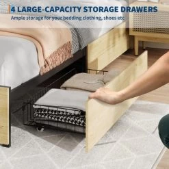 Bed Frame With Natural Rattan Headboard, Queen Size, 4 Storage Drawers, Wooden Slats, Boho-Style Cane Support, Metal Base -Garvee GUEST 0770fd53 d4ba 4962 9720 9fb54b7eda2a