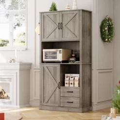 Whizmax Modern Kitchen Pantry Cabinet With Microwave Stand, Tall Hutch Bar Cabinet With Drawers And Adjustable Shelves For Dining Room, Living Room