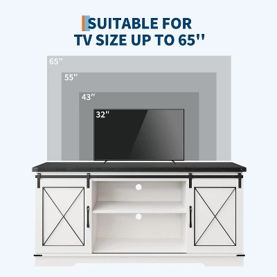 Farmhouse TV Stand And Entertainment Center For TV Up To 65 Inches With Sliding Barn Doors And Adjustable Shelf, White & Brown 8 Farmhouse TV Stand And Entertainment Center For TV Up To 65 Inches With Sliding Barn Doors And Adjustable Shelf, White & Brown - Image 6