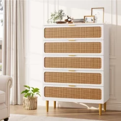 Garvee Rattan 5 Drawer Dresser For Bedroom, Tall Dresser With Deep Drawers, Large Chest Of Drawers For Closet With Wide Top For Living Room, Hallway