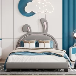 Full Size Bed Frame, Full Size Upholstered Leather Platform Bed With Ears Headboard Bed Frame With Rabbit Ornament