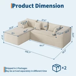 Modular Sectional Couches For Living Room, L-Shaped Sectional Couch With Deep Seat, Upholstered Sofa For Bedroom, No Assembly Required, Chenille