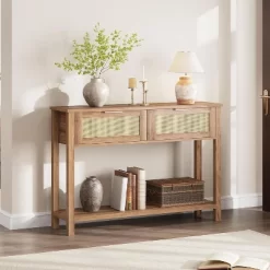 Rattan Console Table With 2 Drawers, Wooden Entryway Table With Rattan Sliding Door -Garvee GUEST 0d41520c 23ee 4b4a 87c7 3555dd7112c3