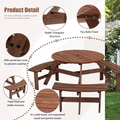 6 Person Wooden Picnic Table Set, Outdoor Round Picnic Table With Benches & Umbrella Hole, Table And Bench Set For Garden Backyard Patio 7 6 Person Wooden Picnic Table Set, Outdoor Round Picnic Table With Benches & Umbrella Hole, Table And Bench Set For Garden Backyard Patio - Image 5