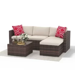 5 Pieces Patio Furniture Set, Rattan Outdoor Patio Furniture Sofa Set With Anti-Slip Cushions, All-Weather Wicker Sectional Sofa With Coffee Table