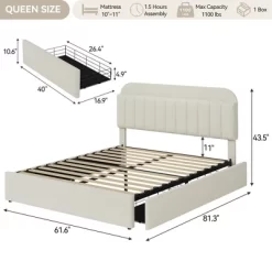 Queen Bed Frame With Bookcase Headboard, Kids Bed Frame With 2 Drawers, Boucle Upholstered Platform Bed, No Box Spring Needed, Easy Assembly, White -Garvee GUEST 0e73165c e786 487d 8687 f611da42d555