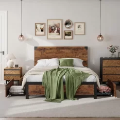 Bed Frame With 4 Storage Drawers, Metal Platform Bed With Wooden Headboard, Noise Free, No Box Spring Needed, Easy Assembly, Vintage Brown -Garvee GUEST 0e80f5df 7750 4872 a551 38b8a496fd9c