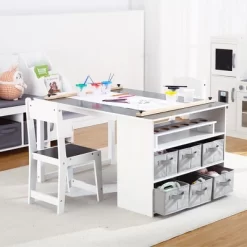Kids Art Table With Storage Desk, 2 Chairs, And Portable Supply Organizer, Wooden Craft Table For Drawing, Activities, And Study