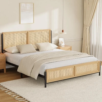 Boho Wooden Full/Queen/King Size Bed Frame With Natural Rattan Headboard And Footboard, No Box Spring Needed, Noise-Free Easy Assemble Metal Bedframe 9 Boho Wooden Full/Queen/King Size Bed Frame With Natural Rattan Headboard And Footboard, No Box Spring Needed, Noise-Free Easy Assemble Metal Bedframe - Image 7