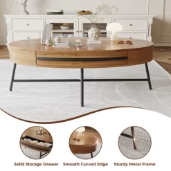 Oval Coffee Table Mid-Century Modern Center Table With Drawer Wooden Coffee Table With Storage And Cross Metal Legs -Garvee GUEST 10941328 d60d 426b 9a5c d0c9826eb679