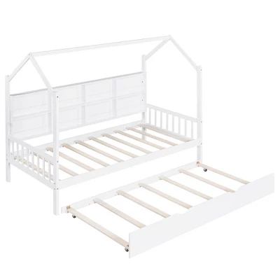Solid Wooden Twin Size House Bed With Trundle, Storage Shelves, Kids Bed, No Box Spring Needed 4 Solid Wooden Twin Size House Bed With Trundle, Storage Shelves, Kids Bed, No Box Spring Needed - Image 2