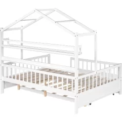 Full Size House Bed With Trundle And Storage Shelves Kids Montessori Bed With Fence Rails Wood Playhouse Tent Bed Frame For Girls Boys, White -Garvee GUEST 11725b4d 6d2c 4c0d 851e b990e73b0c7e