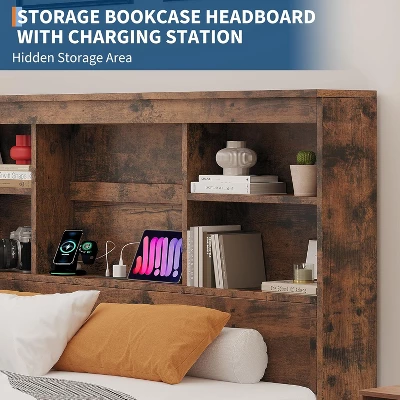 Full Size Bed Frame With High Storage Bookcase Headboard, Wood Bed Frame With 4 Storage Drawers, Built In Charging Station, Brown 7 Full Size Bed Frame With High Storage Bookcase Headboard, Wood Bed Frame With 4 Storage Drawers, Built In Charging Station, Brown - Image 5
