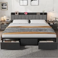 Bed Frame With Storage Headboard, Industrial Platform Bed With 2 Large Drawers And Charging Station, Black No Box Spring Needed Bed Frame -Garvee GUEST 1255078e c0df 4e3d 9913 4770c1e3358e