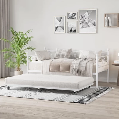Twin Daybed With Trundle Bed, Heavy Duty Metal Twin Bed Frame With Pull Out Trundle 3 Twin Daybed With Trundle Bed, Heavy Duty Metal Twin Bed Frame With Pull Out Trundle