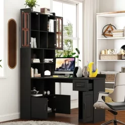 L Shaped Computer Desk With Hutch, Office Corner Desk With Drawer & Bookshelf, Study Table Writing Desk, Gaming Computer Desk For Study Room Black