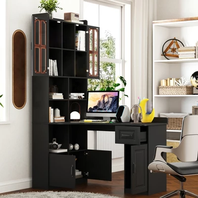 L Shaped Computer Desk With Hutch, Office Corner Desk With Drawer & Bookshelf, Study Table Writing Desk, Gaming Computer Desk For Study Room Black 3 L Shaped Computer Desk With Hutch, Office Corner Desk With Drawer & Bookshelf, Study Table Writing Desk, Gaming Computer Desk For Study Room Black