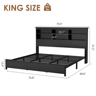 King Size Bed Frame With Bookcase Headboard, King Platform Bed With 2-tier Storage & Charging Station, No Box Spring Needed Easy Assemble,Black 3 King Size Bed Frame With Bookcase Headboard, King Platform Bed With 2-tier Storage & Charging Station, No Box Spring Needed Easy Assemble,Black