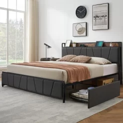 Whizmax Four Size Bed Frame With 2 Storage Drawers And Charging Station, Rustic Linen Upholstered Platform Bed Frame With Storage Headboard, Gray 19 Whizmax Four Size Bed Frame With 2 Storage Drawers And Charging Station, Rustic Linen Upholstered Platform Bed Frame With Storage Headboard, Gray -Garvee GUEST 1463e9d5 d204 48d8 883e bcaf18f97ed1