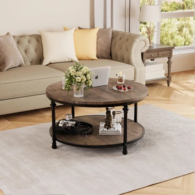 Coffee Table Round Center Table With Storage Shelf Wood Circle Coffee Table With Sturdy Metal Legs 6 Coffee Table Round Center Table With Storage Shelf Wood Circle Coffee Table With Sturdy Metal Legs - Image 4