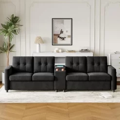 115" Faux Leather 4-Seat Sectional Sofa, Middle Table With Cup Holders, Deep Cushions, Side Organizer, For Apartment Or Small Space