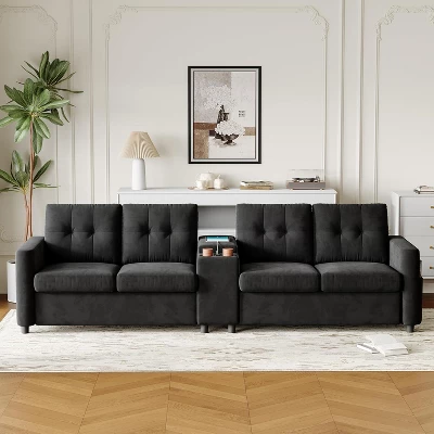 115" Faux Leather 4-Seat Sectional Sofa, Middle Table With Cup Holders, Deep Cushions, Side Organizer, For Apartment Or Small Space 3 115" Faux Leather 4-Seat Sectional Sofa, Middle Table With Cup Holders, Deep Cushions, Side Organizer, For Apartment Or Small Space