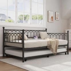 Twin Size Daybed With Pop-Up Trundle & LED Lights, Pull Out Bed With Charging Station And Pull Out Turundle, Metal Sofa Bed Frame For Living Room -Garvee GUEST 14a78769 a6f3 4d49 b14a ab641a1c84a6