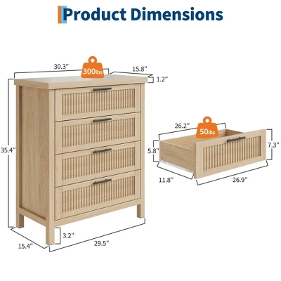 Fluted Drawer Dresser For Bedroom, Mid Century Modern Chest Of Drawers, Wooden Fluted Dresser Chest With Clothes Storage Cabinet, Oak & White 3 Fluted Drawer Dresser For Bedroom, Mid Century Modern Chest Of Drawers, Wooden Fluted Dresser Chest With Clothes Storage Cabinet, Oak & White
