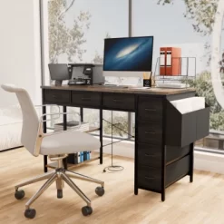 47" Computer Desk With 7 Drawers, Reversible Writing Table Workstation, Work Desk Gaming Table With Metal Frame For Home Office -Garvee GUEST 1580d676 65c3 4ad4 9ee2 53bd40407ef2