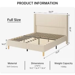 Bed Frame, Upholstered Platform Corduroy Bed Frame With Vertical Channel Tufted Wingback Headboard, Strong Wooden Slats, Easy Assembly