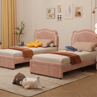 Twin Bed Frames With Smart LED Lights, Upholstered Bed Frame With Height Adjustable Bear Headboard, Velvet Princess Platform Bed Frame For Kids/Girls 6 Twin Bed Frames With Smart LED Lights, Upholstered Bed Frame With Height Adjustable Bear Headboard, Velvet Princess Platform Bed Frame For Kids/Girls - Image 4