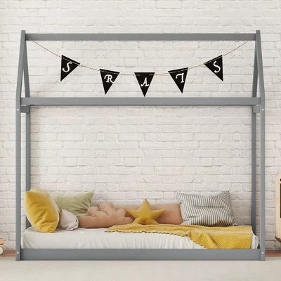 House Bed Frame With Roof, Twin Size Wooden House Bed Floor Beds, Fun Playhouse Bed Frames, For Kids Girls & Boys 3 House Bed Frame With Roof, Twin Size Wooden House Bed Floor Beds, Fun Playhouse Bed Frames, For Kids Girls & Boys
