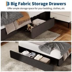 Full Size Bed Frame With 3 Storage Drawers, Fabric Upholstered Platform Bed, Wooden Slats Support, Dark Grey -Garvee GUEST 16a48066 2b3f 4606 9605 aad31d6599f2 2