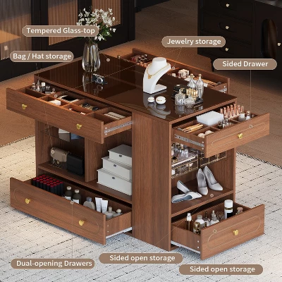 Wardrobe Closet Island With Glass Tabletop, Armoire Bedroom Island With 6 Drawers, Jewelry Storage Vanity Island, Walk In Wardrobe Furniture 10 Wardrobe Closet Island With Glass Tabletop, Armoire Bedroom Island With 6 Drawers, Jewelry Storage Vanity Island, Walk In Wardrobe Furniture - Image 8
