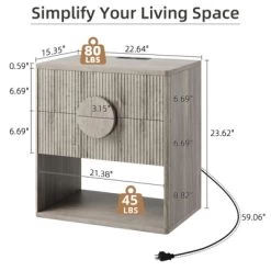Fluted Nightstand With Charging Station - 2 Drawers + Open Shelf, Modern Wood Bedside Table For Bedroom & Living Room Storage -Garvee GUEST 16f7bb3b 71fe 4e07 a13b 296d390f5042