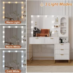 Wavy Stripes Vanity Desk With Mirror & Power Outlet, Makeup Dressing Table With 5 Drawers For Bedroom -Garvee GUEST 17227667 1be4 4843 a3b7 1e94af05cb80