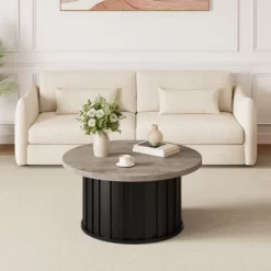 Garvee Round Coffee Table, Mid Century Modern Coffee Table With Metal Base, 31.9" Fluted Center Table For Living Room, Home Small Space, -Garvee GUEST 17564b0f b1de 4cdd 89e4 4c27aa99db8e