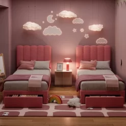 2 Sets Twin Bed Frame With Under-Bed Drawer, Boucle Upholstered Platform Bed With Wave Headboard, Wooden Slats Support, No Box Spring Needed, Pink -Garvee GUEST 1769f55a c9d8 4c8d b5e1 b19d33997586