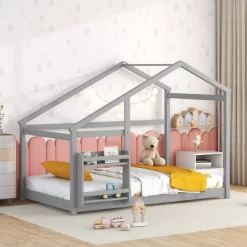 Twin Size Bed Frames With Roof For Kids, Cute House Shaped Platform Bed With Storage Rack, No Box Spring Needed