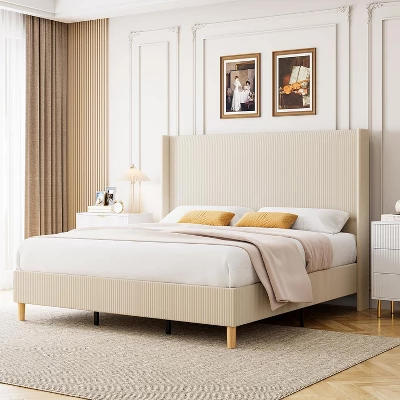Bed Frame, Upholstered Platform Corduroy Bed Frame With Vertical Channel Tufted Wingback Headboard, Strong Wooden Slats, No Box Spring Needed 4 Bed Frame, Upholstered Platform Corduroy Bed Frame With Vertical Channel Tufted Wingback Headboard, Strong Wooden Slats, No Box Spring Needed - Image 2