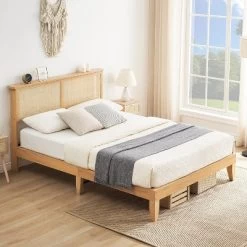 Deluxe Solid Wood Bed Frame With Natural Rattan Headboard,Platform Bed Frame, Mattress Foundation, Noise-Free, No Box Spring Needed -Garvee GUEST 186201ba 3ec7 4ea0 b409 00b75aec95e2